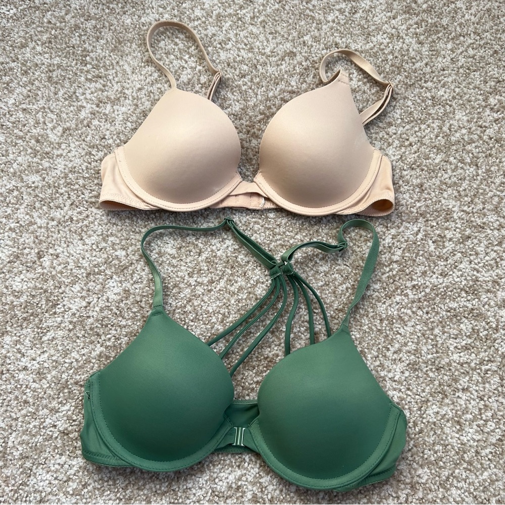 PINK Victoria's Secret Beige and Green Bras